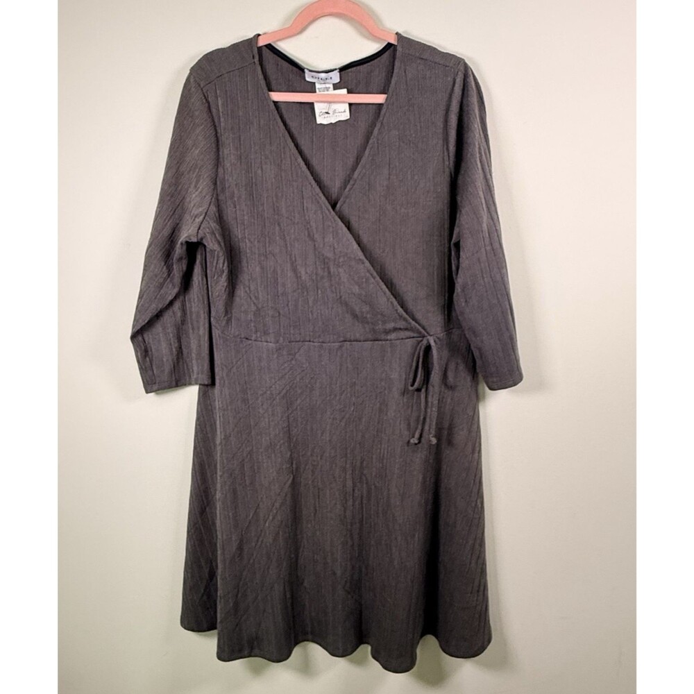 Gilli Womens Brown Ribbed Knit V-Neck Wrap Dress Tie Waist 3/4 Sleeve 1X